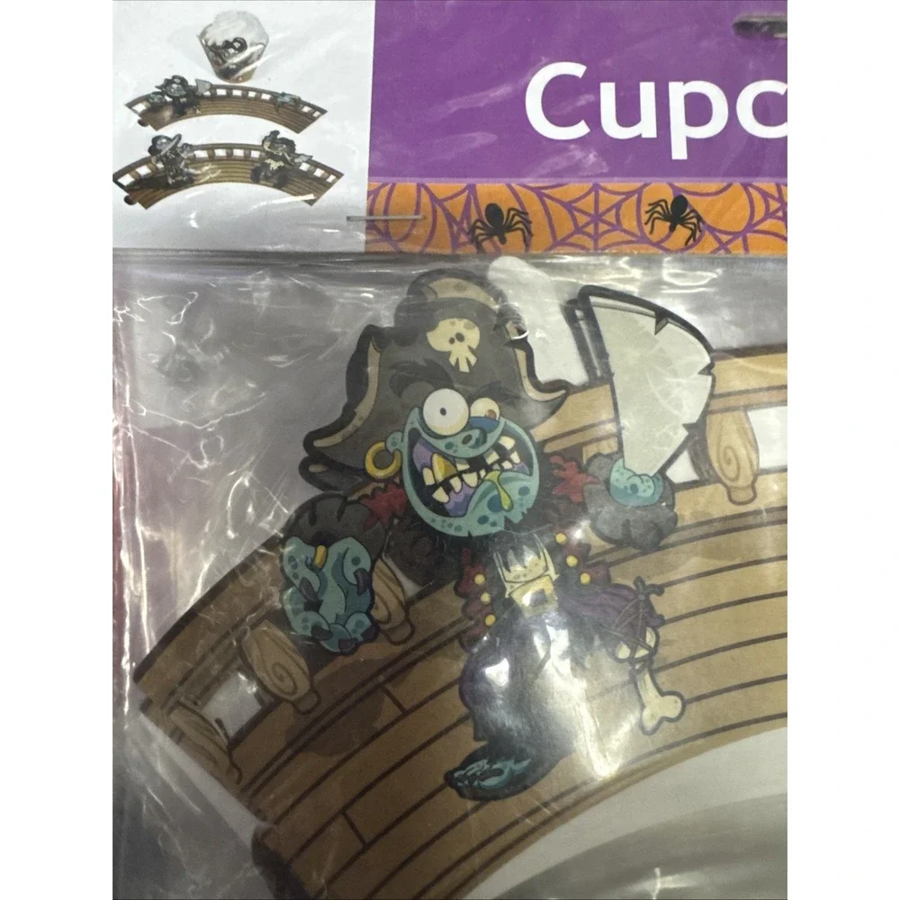24 Pcs ZOMBIE‎ PIRATE CUPCAKE WRAPPERS Collars Halloween Birthday Decorations